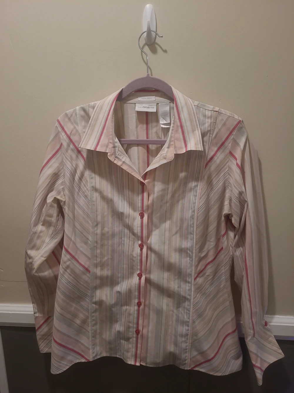 LIZ CLAIBORNE, WOMEN'S MULTI-COLOR COTTON LONG SLEEVED STRIPED BLOUSE, SIZE 14
